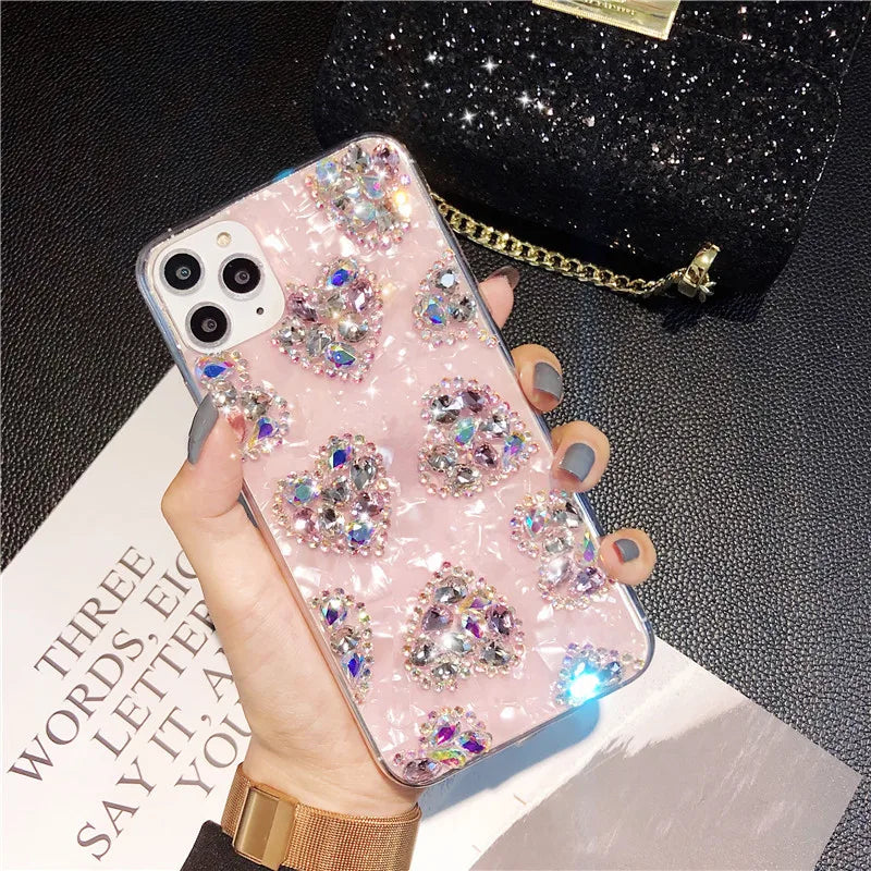 Luxury Marble Phone Case For iPhone 16 15 14 13 12 11 Pro Max 16 Plus XR Case Glitter Bling Diamond Rhinestone Love Heart Cover - Caseverse