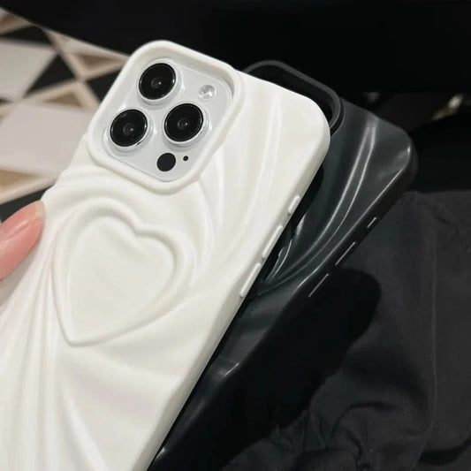 Fashion Fold Wrinkle 3D Love Heart Phone Case For iPhone 13 14 15 Pro Max 16 Plus 11 12 ProMax Soft Matte Silicone Full Cover - Caseverse