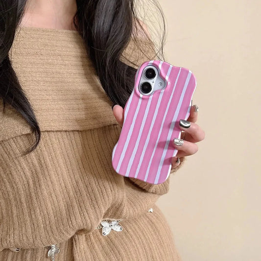 Fashion 2 in 1 Glossy Stripes Phone Case for iPhone 13 14 15 16 Pro Max Wave Edges Comfortable Touch Hard Slim Back Cover Shell
