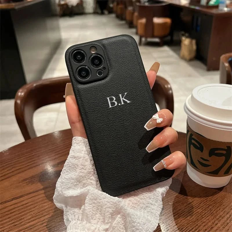 Personalized Case For iPhone 16 15 14 13 12 11 Pro Max Custom Name initials Leather Cover For iPhone 16 Pro Max Silver Letters Caseverse