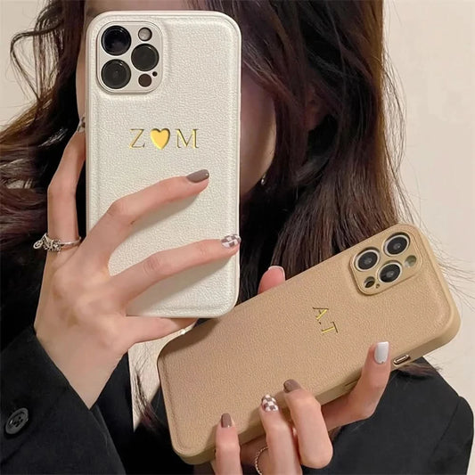 Customized Phone Case For iPhone 16 15 14 13 12 11 Pro Max Plus Personalized Name Initials Letters Luxury Leather DIY Cover 16 Caseverse