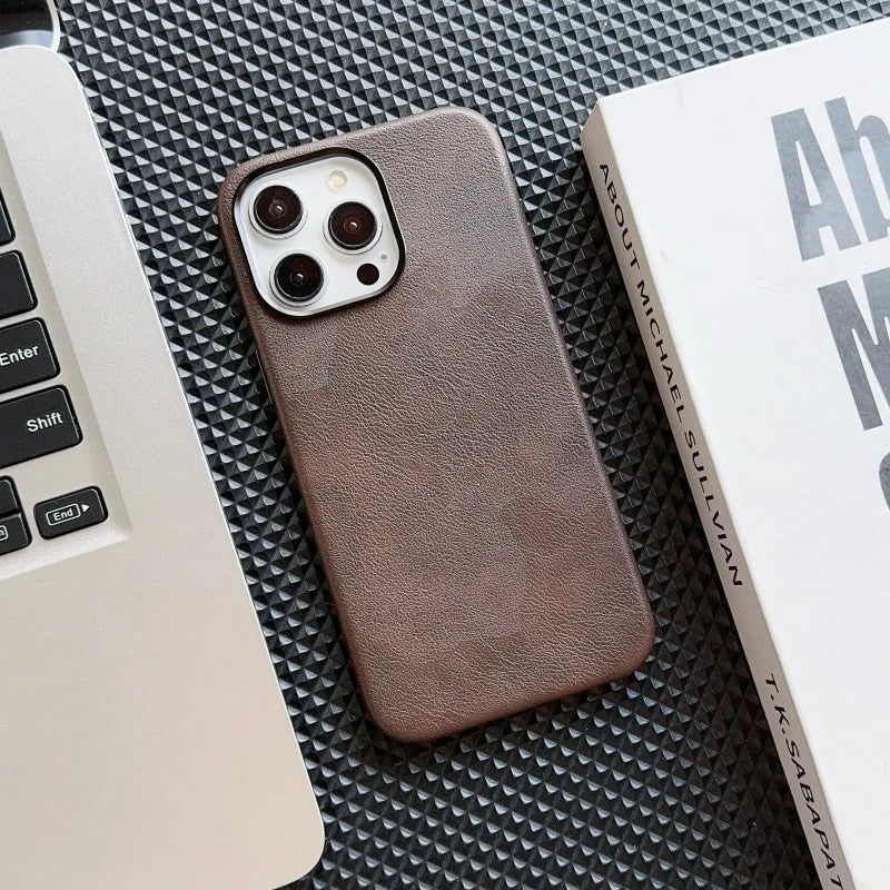 Luxury Business Vintage Leather Magnetic Phone Case for IPhone 16 Plus 15 14 13 12 Pro Max Metal Camera Frame Shockproof Cover Caseverse