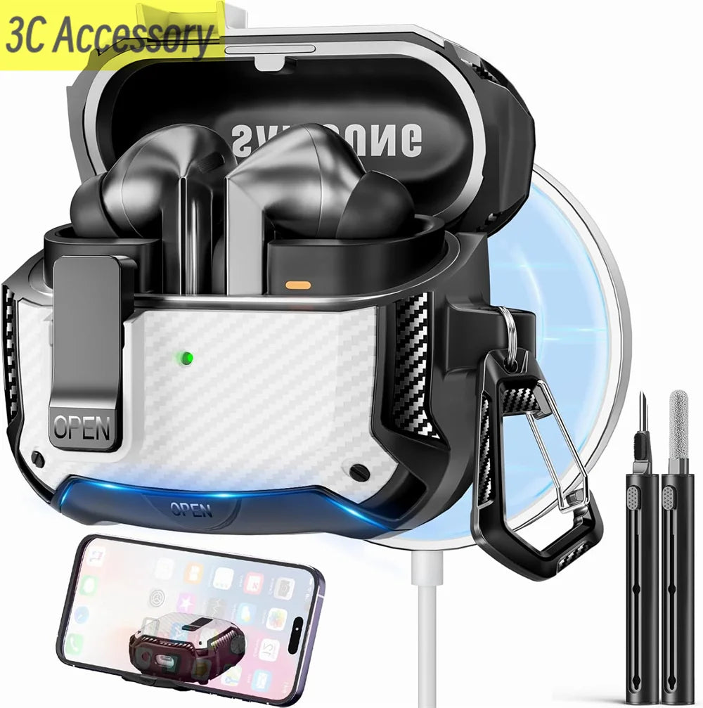 2025 New Phone Stand Case For Samsung Galaxy Buds 3 Pro Case With Secure Lock Clip & Cleaning kit Carbon Fiber Cover For Buds 3
