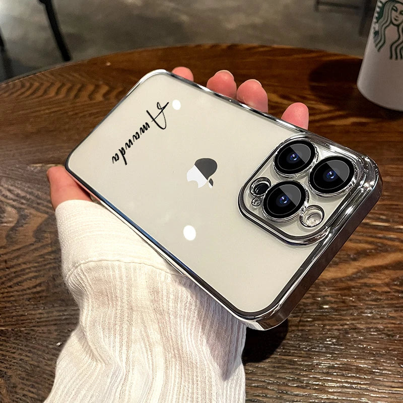 Personalised Customized Name Case For iPhone 16 15 14 13 12 11 Pro Max Luxury Plating Transparent Clear Cover DIY 15 16 Pro Max Caseverse