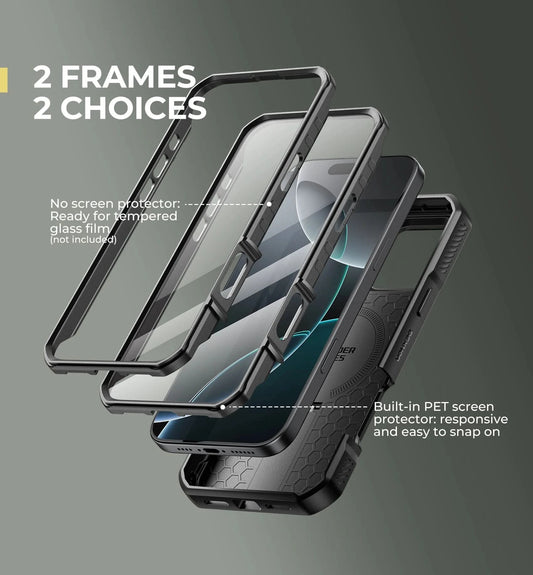 For iPhone 16 Pro Max Rugged Armor Shockproof Case with Built-in Sliding Camera Cover and Built-in Screen Protector Kickstand - Caseverse