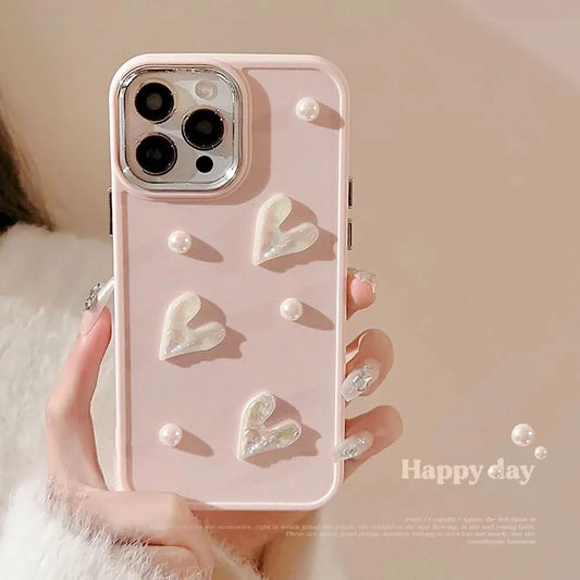 Ins Cute 3D Pearl Love Heart Phone Case For iPhone 16 15 14 13 12 11 Pro Max X XS XR 8 7 Plus SE 2022 Soft Silicone Bumper Cover - Caseverse