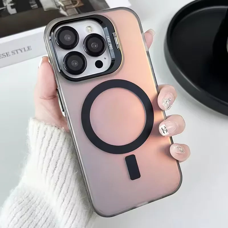 Gradient Metal Lens Holder Magsafe Phone Case for IPhone 16 15 14 Plus 13 12 Pro Max Back Lens Glass Film Matte PC Hard Cover Caseverse