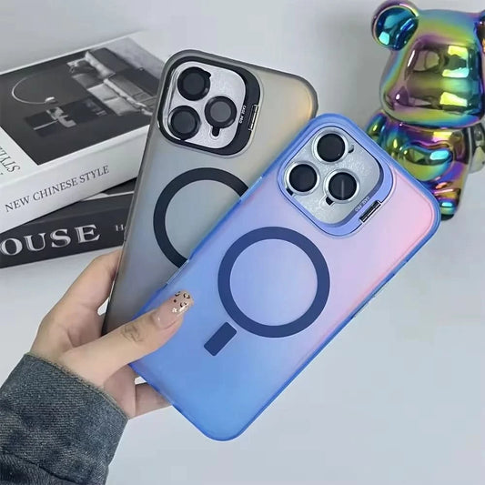 Gradient Metal Lens Holder Magsafe Phone Case for IPhone 16 15 14 Plus 13 12 Pro Max Back Lens Glass Film Matte PC Hard Cover Caseverse
