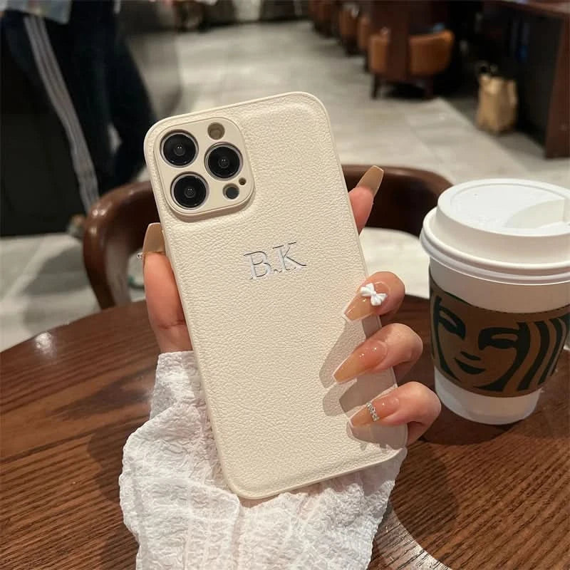 Personalized Case For iPhone 16 15 14 13 12 11 Pro Max Custom Name initials Leather Cover For iPhone 16 Pro Max Silver Letters Caseverse