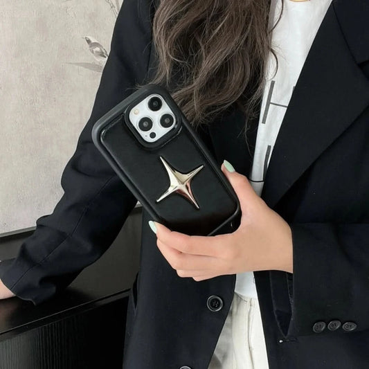 Luxury Metal Star PU Leather Phone Case For iPhone 15 14 13 12 Pro Max 15pro 14Pro Shockproof Cover Men Women Stylish Cases Caseverse