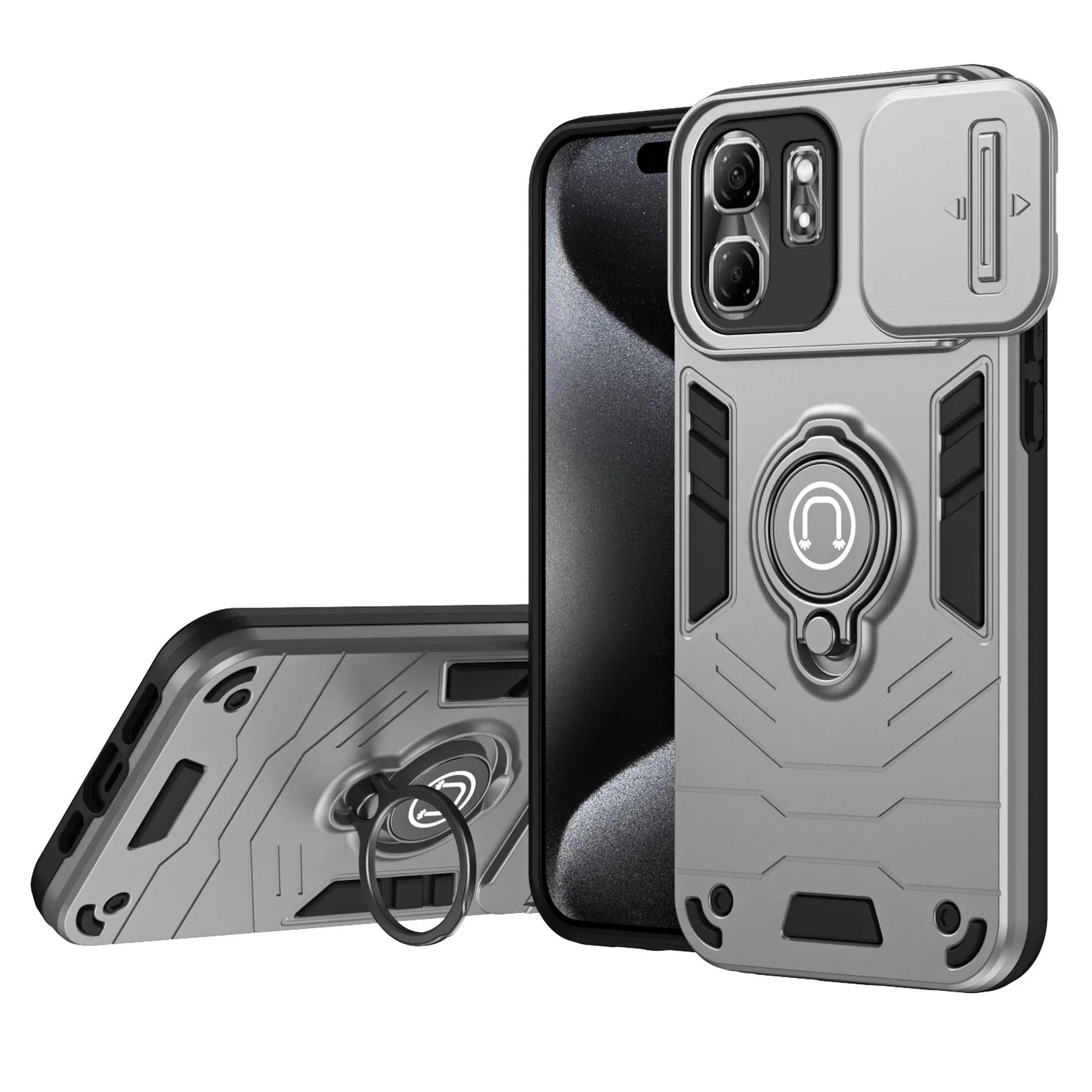 Rugged Armor Shockproof Phone Case For Infinix Smart 9 X6532 Hot 50i X6531 X6531B Sliding Window Metal Ring Holder Back Cover - Caseverse