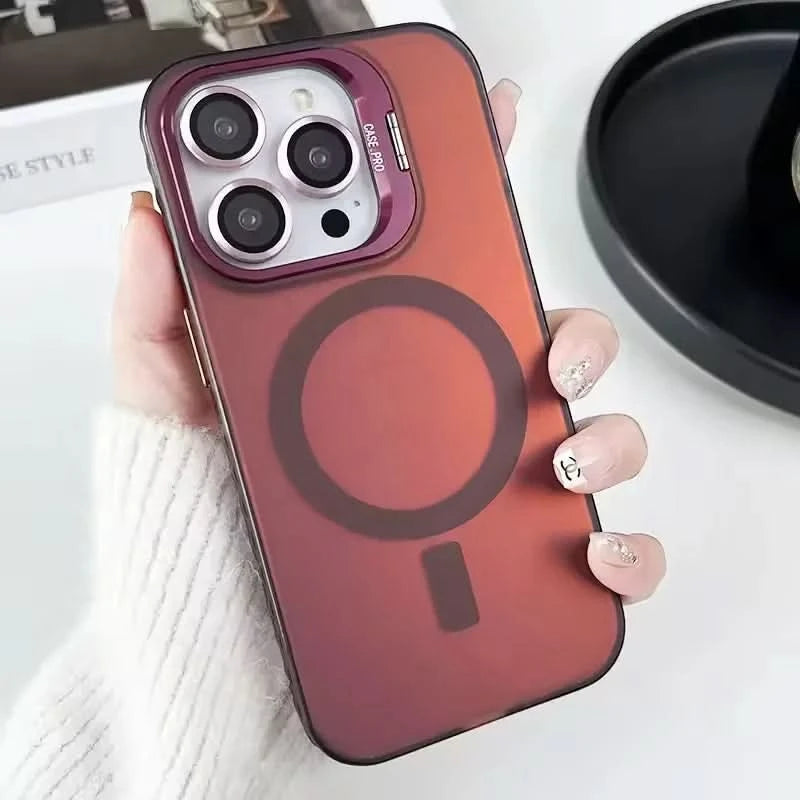 Gradient Metal Lens Holder Magsafe Phone Case for IPhone 16 15 14 Plus 13 12 Pro Max Back Lens Glass Film Matte PC Hard Cover Caseverse