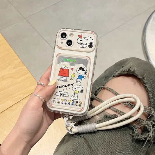 Cute Cartoon Peanut Snoopy Card Holder Pocket Phone Case For iPhone 16 15 14 13 12 11 Pro Max Cases Soft TPU Cover With Lanyard Caseverse
