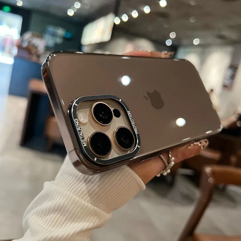 Luxury Metal camera frame protection phone case for iphone 16 15 14 13 12 pro max plus Transparent pc Shockproof Bumper cover - Caseverse