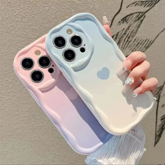 Gradient Love Heart Wavy Phone Case For IPhone 16 15 Pro Max 14 11 13 12 Mini XR 8 7 Plus X XS SE 2022 Clear Soft Silicone Cover - Caseverse