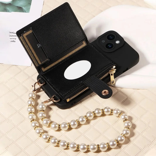 Stylish Mirror Zipper and Pearl Cord Phone Case for IPhone13promax 12mini 11promax 7 Crossbody Fall-proof Faux Leather Cover