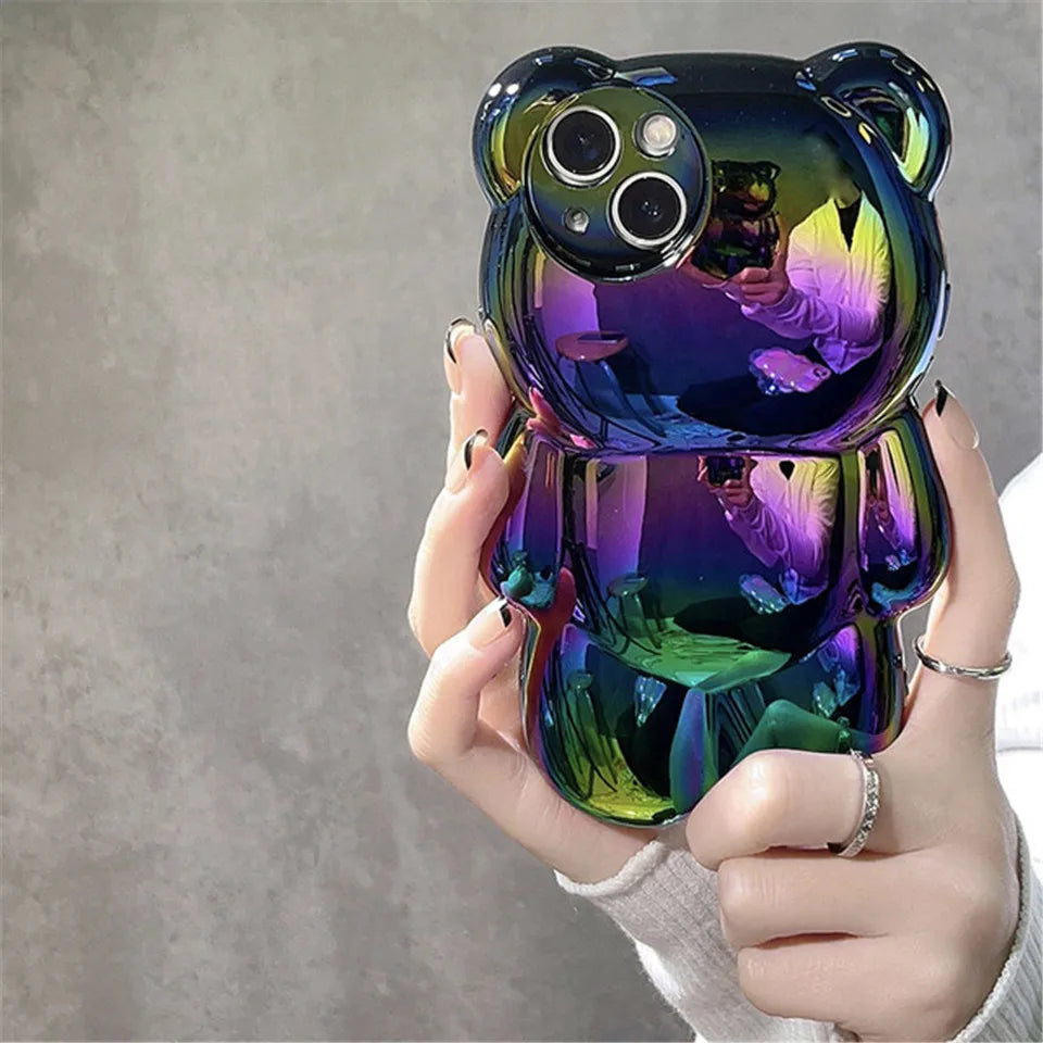 Luxury laser cute 3D bear anti-drop bumper shockproof phone case for iPhone 11 12 13 14 Pro Max shockproof Soft silicone cover - Caseverse