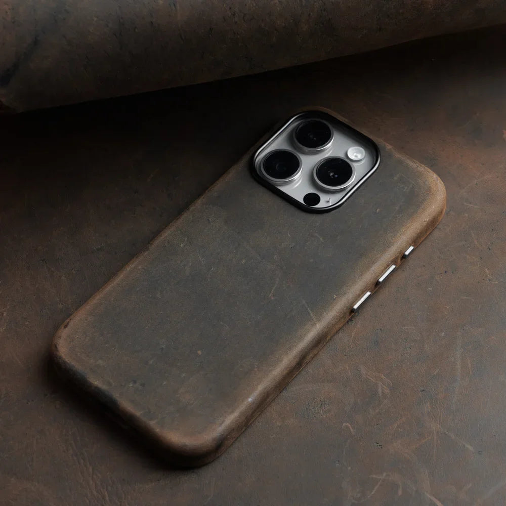 YMW Italian Crazy Horse Genuine Leather Case for iPhone 16 Pro Max 15 14 Personality Cowhide Magnetic Phone Cover - Caseverse