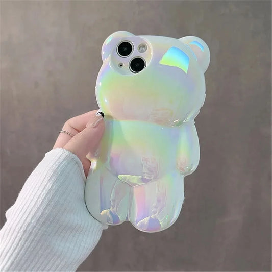 Stylish laser luxury cute 3D Bear shockproof phone case for iPhone 11 14 12 13 14 15 Pro Max Soft silicon anti-drop bumper cover - Caseverse