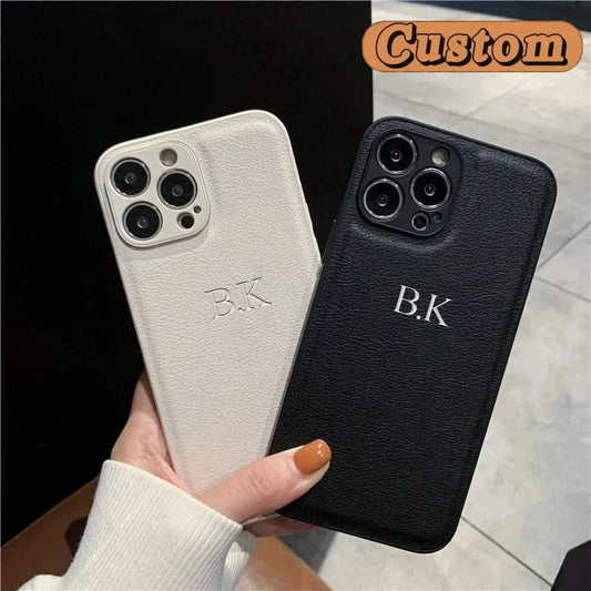 Personalized Case For iPhone 16 15 14 13 12 11 Pro Max Custom Name initials Leather Cover For iPhone 16 Pro Max Silver Letters Caseverse