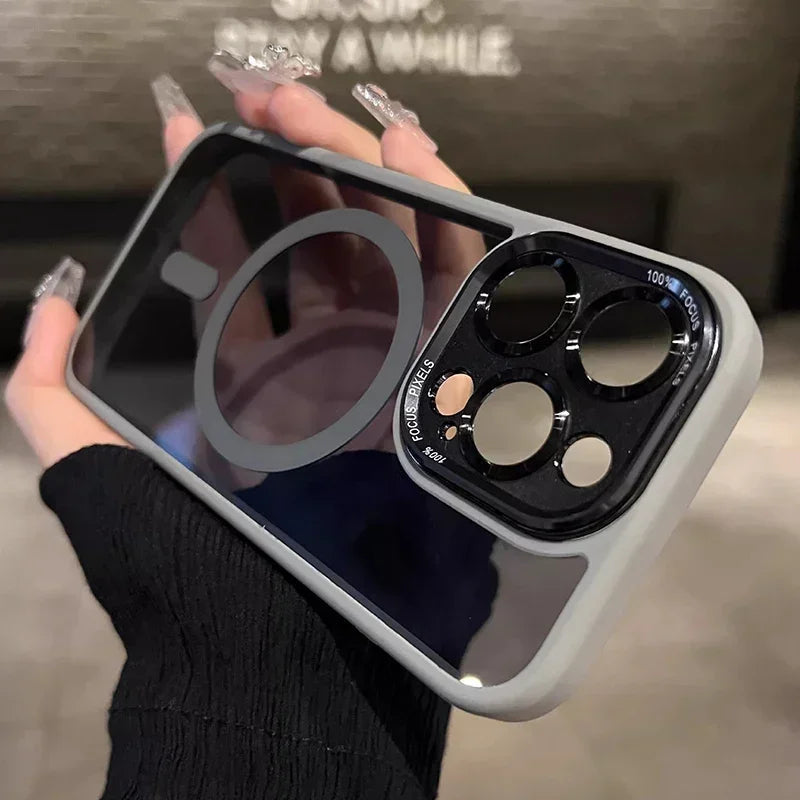 Luxury Magnetic Metal Lens Bumper Protection Case For iPhone 16 15 14 13 12 11 Pro Max Plus Magsafe Acrylic Translucency Cover Caseverse