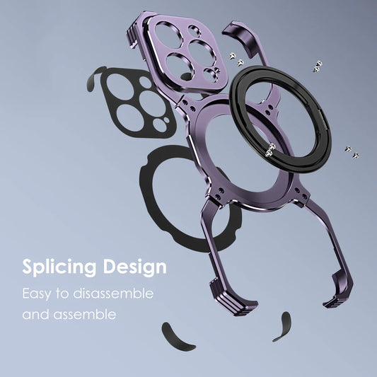 360° Stand Metal Rimless Magnetic Phone Case For iPhone 13 14 15 Pro Max Metal Bumper Lens Protection Metal Skeleton Phone Cover