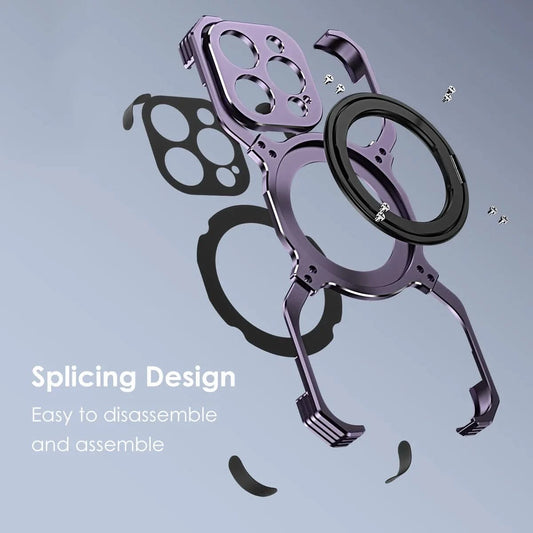 360° Stand Metal Rimless Magnetic Phone Case For iPhone 13 14 15 Pro Max Metal Bumper Lens Protection Metal Skeleton Phone Cover