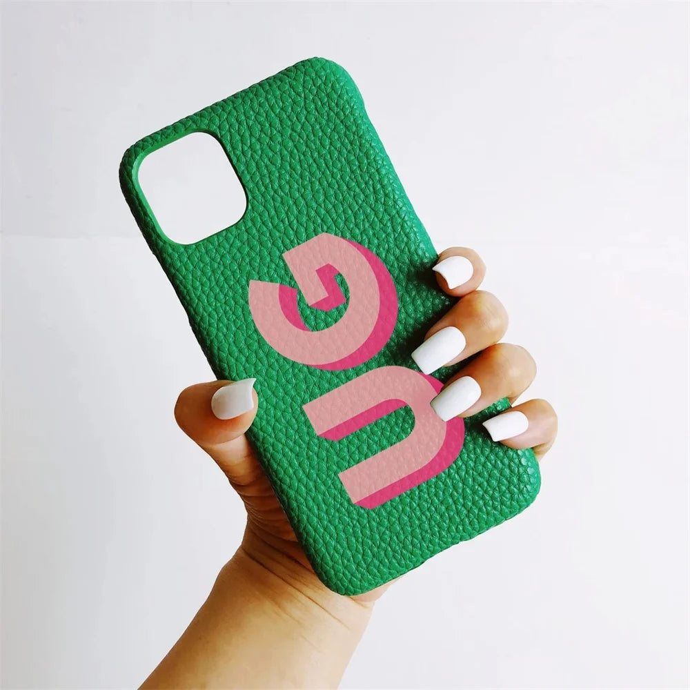 Personalized iPhone Case Monogram Initial Letter Leather Case For iPhone 15 14 13 12 11 Pro Max XS XR 7 8Plus Luxury Phone Cover Caseverse