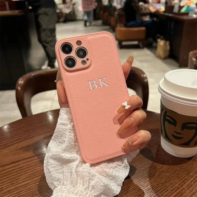 Personalized Case For iPhone 16 15 14 13 12 11 Pro Max Custom Name initials Leather Cover For iPhone 16 Pro Max Silver Letters Caseverse