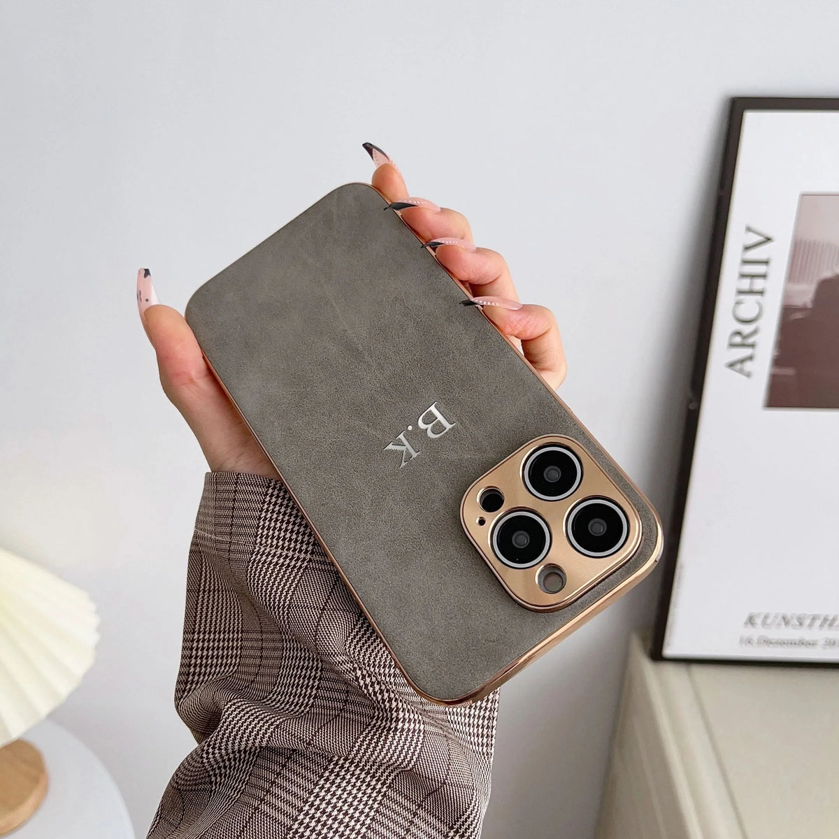 Leather Personalised Customized Name Case For Iphone 11 12 13 14 15 16 Pro Max Plating Frame Lambskin Initials Cover 16 11 15Pro Caseverse