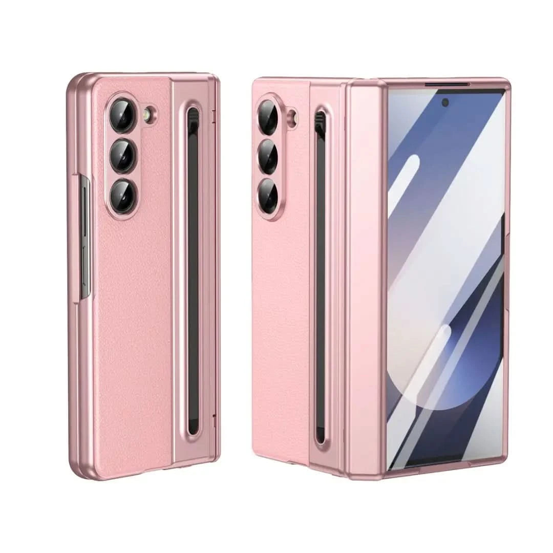For Galaxy Fold6 S Pen Leather Phone Case Hinge Protection & Built-in Screen Protector Leather Phone Cover for Fold5 Fold4 Black - Caseverse