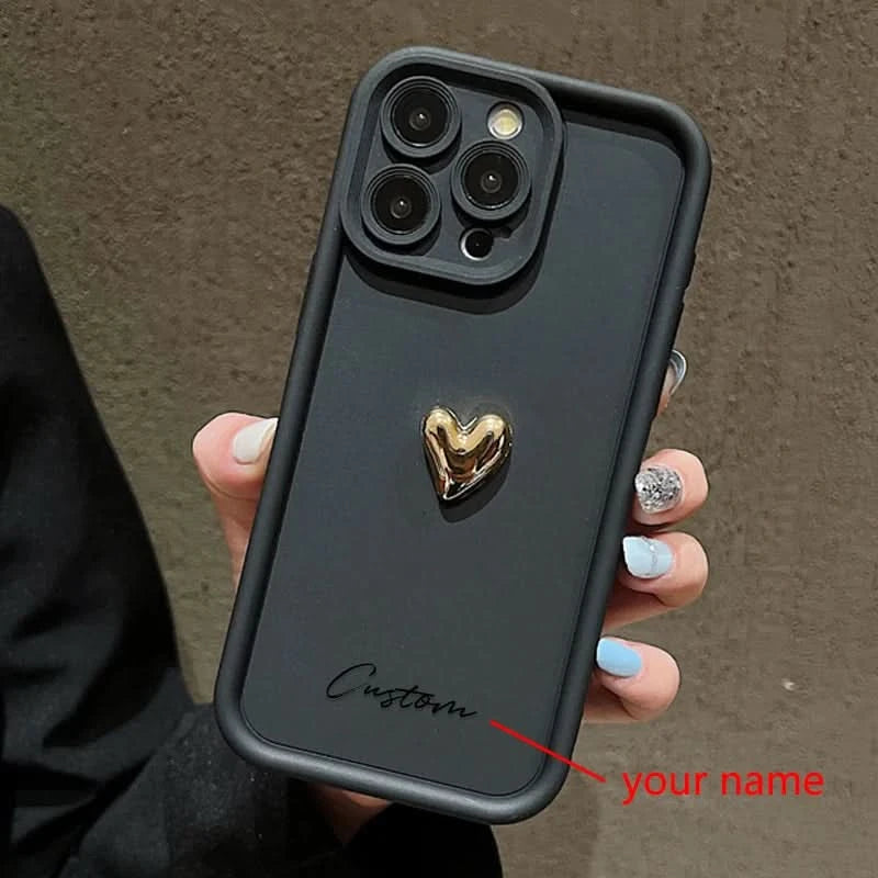 3D Gold Love Heart Personalized Custom Name Case For iPhone 16 15 14 13 12 11 Pro Max X XS XR 7 8 Plus Silicone Candy DIY Cover Caseverse