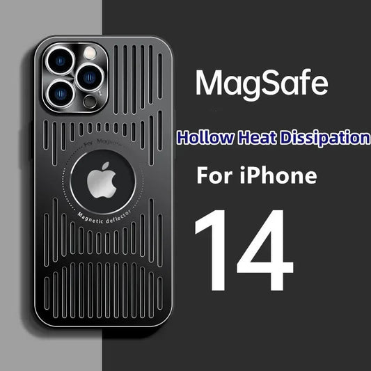Fashion Metal Heat Dissipation Magnetic Magsafe Case for iPhone 14 16 Pro Max 13 12 15 16 Pro Logo Hole Wireless Charging Cover Caseverse