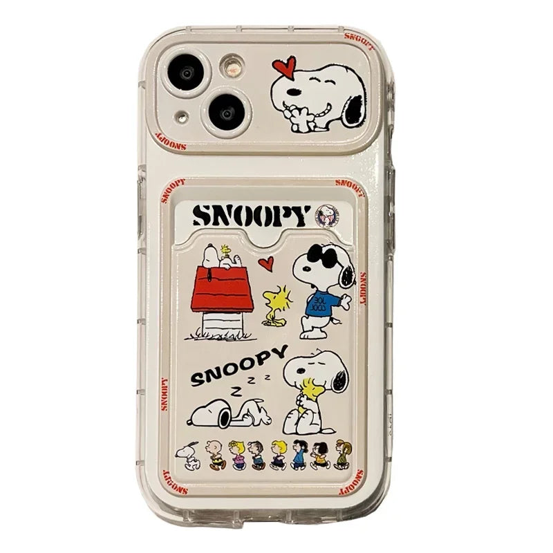 Cute Cartoon Peanut Snoopy Card Holder Pocket Phone Case For iPhone 16 15 14 13 12 11 Pro Max Cases Soft TPU Cover With Lanyard Caseverse
