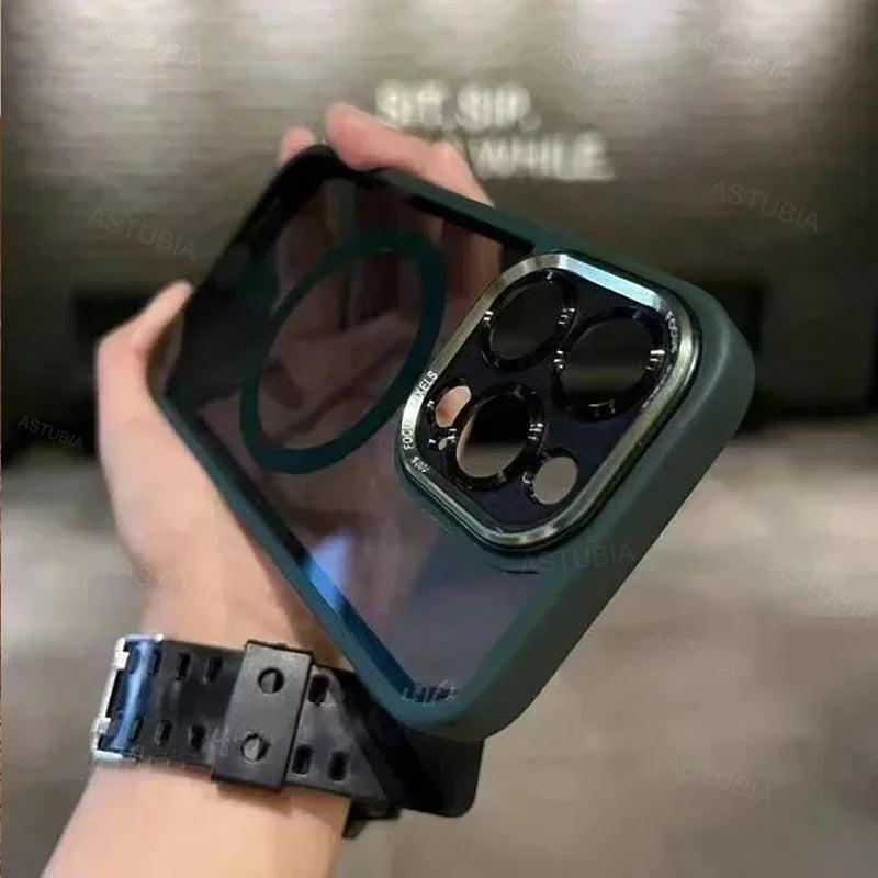 Luxury Magnetic Metal Lens Bumper Protection Case For iPhone 16 15 14 13 12 11 Pro Max Plus Magsafe Acrylic Translucency Cover Caseverse