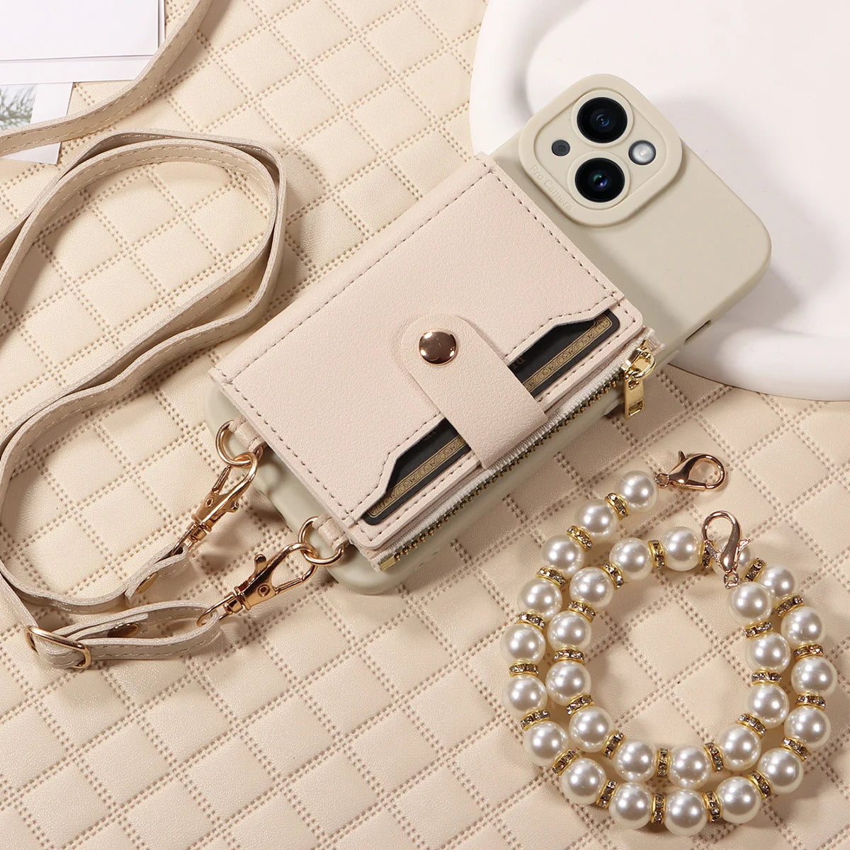 Stylish Mirror Zipper and Pearl Cord Phone Case for IPhone13promax 12mini 11promax 7 Crossbody Fall-proof Faux Leather Cover