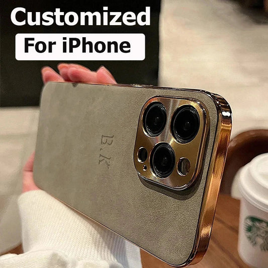 Leather Personalised Customized Name Case For Iphone 11 12 13 14 15 16 Pro Max Plating Frame Lambskin Initials Cover 16 11 15Pro Caseverse