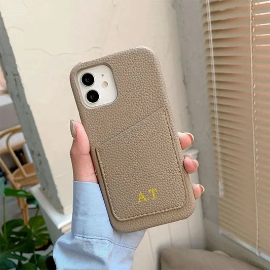 Personalized Phone Case with Card Holder Custom Initials Protective Cover iPhone16Promax 11 12 13 14 15Pro Max XS XR Mini Caseverse