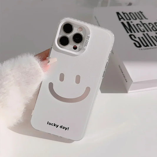 Cute Smiling Face White Phone Cases for iPhone 16 Pro Max Plus 15 14 13 12 11 Cool Minimalist Phone Covers - Caseverse