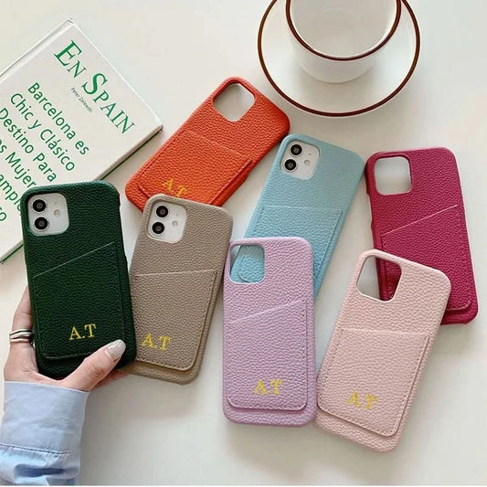 Personalized Phone Case with Card Holder Custom Initials Protective Cover iPhone16Promax 11 12 13 14 15Pro Max XS XR Mini Caseverse