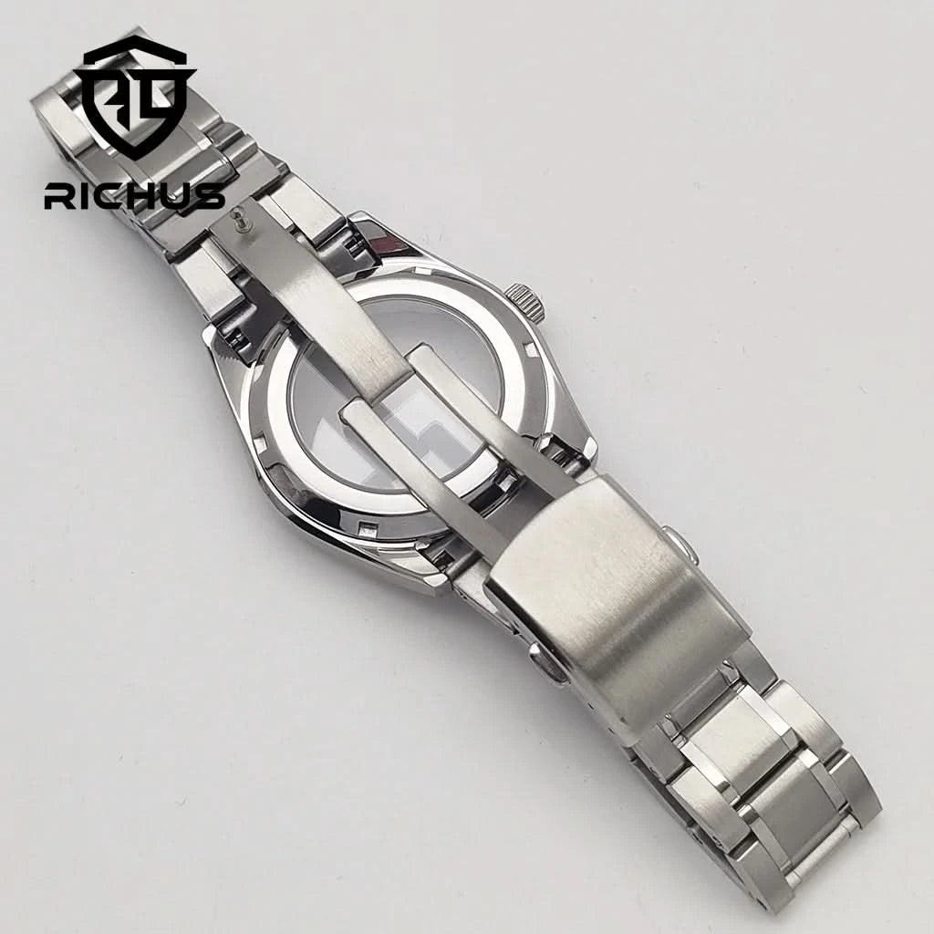 RICHUS NH35 Watch case 40mm silver watch case sapphire glass with strap Fit NH34 NH35 NH36 Movement