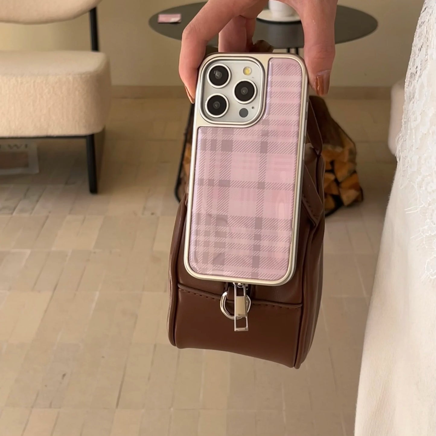 Stylish Simple Electroplate Pink Plaid Pattern Solid Color Phone for iPhone 13 14 15 16 Pro Max Glossy Shockproof Phone Case