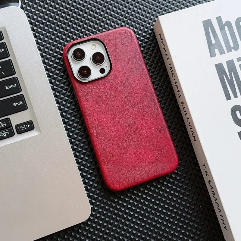 Luxury Business Vintage Leather Magnetic Phone Case for IPhone 16 Plus 15 14 13 12 Pro Max Metal Camera Frame Shockproof Cover Caseverse