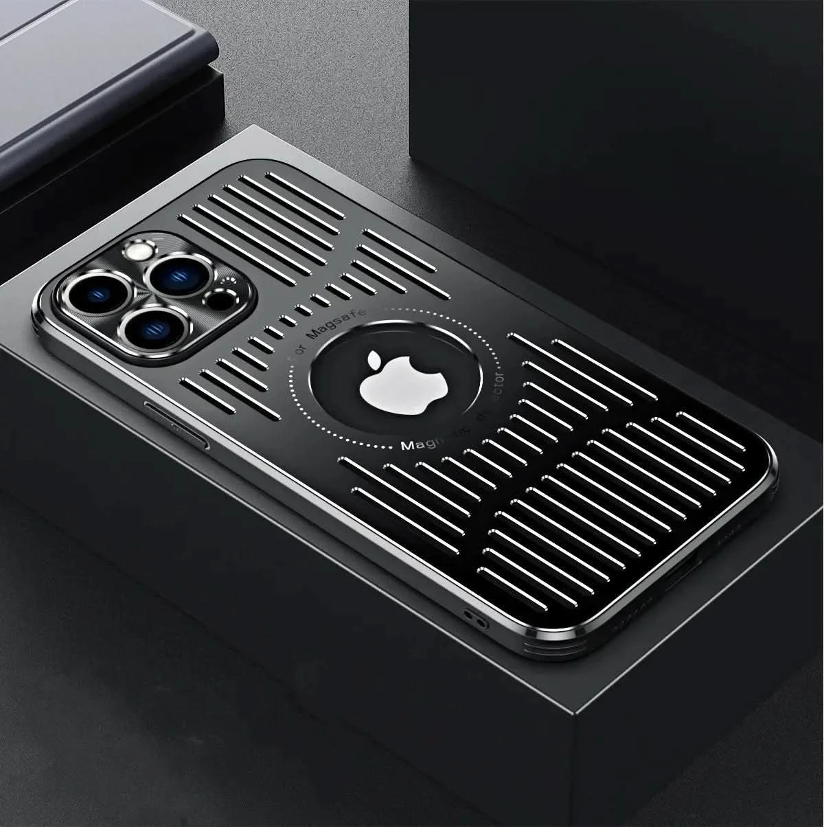 Fashion Metal Heat Dissipation Magnetic Magsafe Case for iPhone 14 16 Pro Max 13 12 15 16 Pro Logo Hole Wireless Charging Cover Caseverse