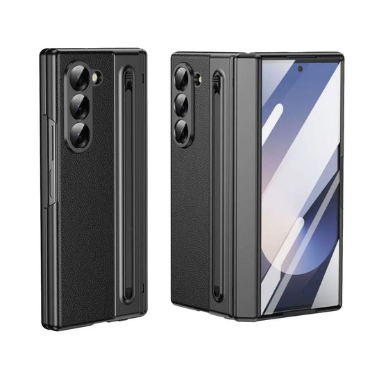 For Galaxy Fold6 S Pen Leather Phone Case Hinge Protection & Built-in Screen Protector Leather Phone Cover for Fold5 Fold4 Black - Caseverse