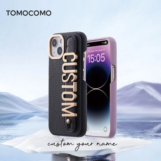 Leather Phone Case Custom Name Wristband Metal Gold Letters Personalized Cover for iPhone16 15 14 13 12 11ProMax 15 16plus Caseverse