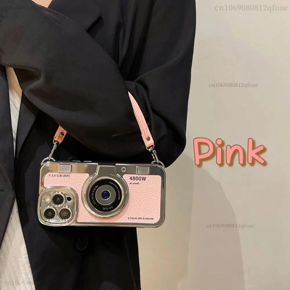 Creative Luxury 3D Retro Camera Phone Case for Iphone 15 14 13 12 11 Pro Max 14plus Cute Soft Tpu Phone Case Lanyard Back Cover - Caseverse