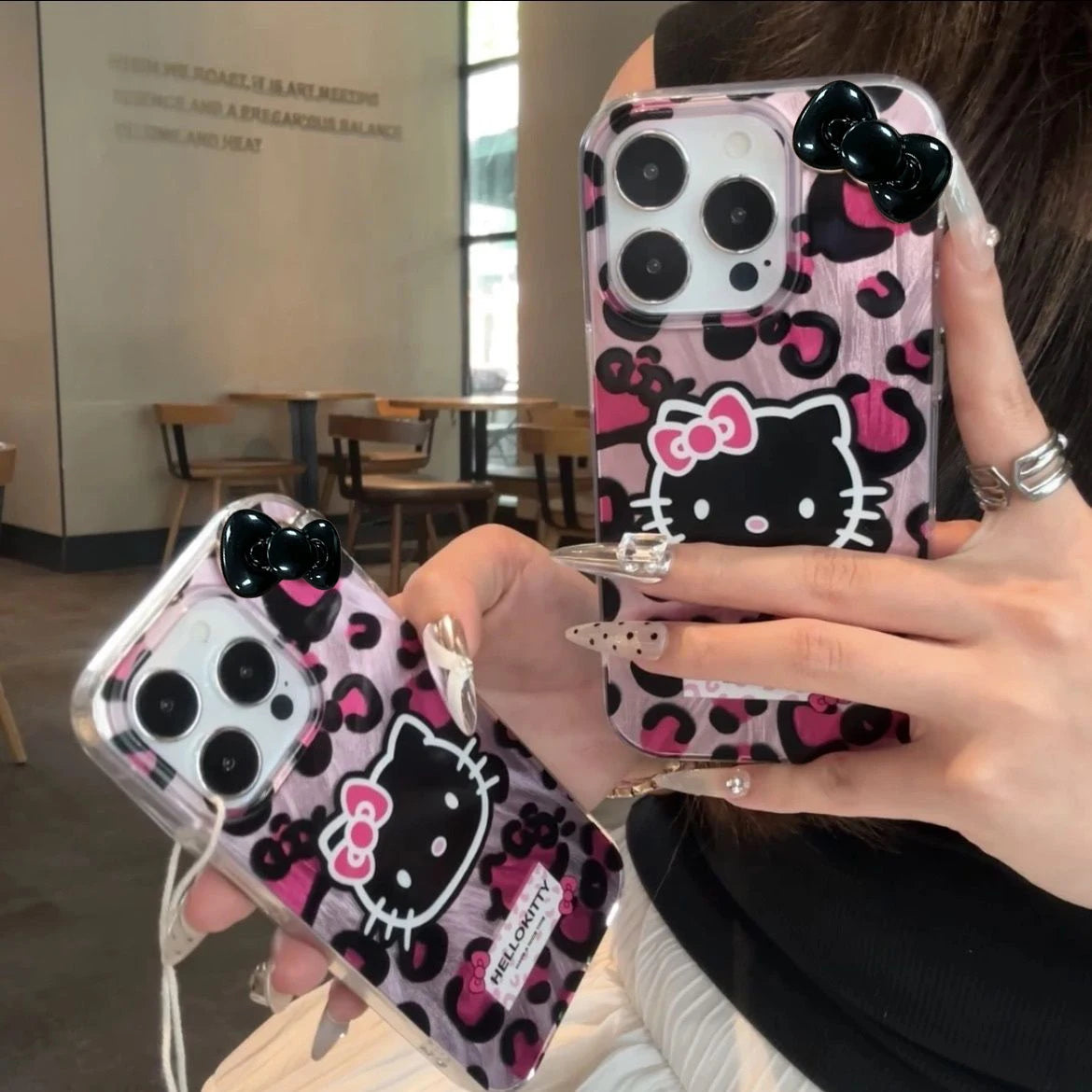 Pink Leopard Print HelloKitty Bow Mobile Phone Case For iPhone 15 14 13 12 11 Pro Max XR XS 7 8 Plus Silicone Laser Covers Y2K - Caseverse