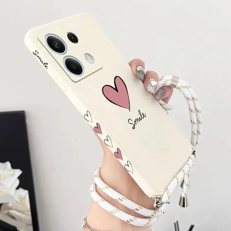 Note13 Big Red Heart Lanyard Silicone Phone Case For Xiaomi Redmi Note 13 13Pro Shatterproof Redmi Note 13ProPlus Back Cover