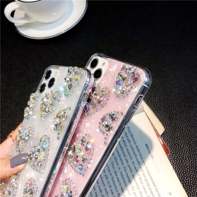 Luxury Marble Phone Case For iPhone 16 15 14 13 12 11 Pro Max 16 Plus XR Case Glitter Bling Diamond Rhinestone Love Heart Cover - Caseverse